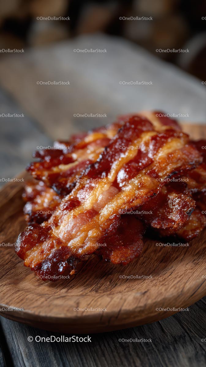 Crispy Bacon Strips on a Rustic Wooden Plate