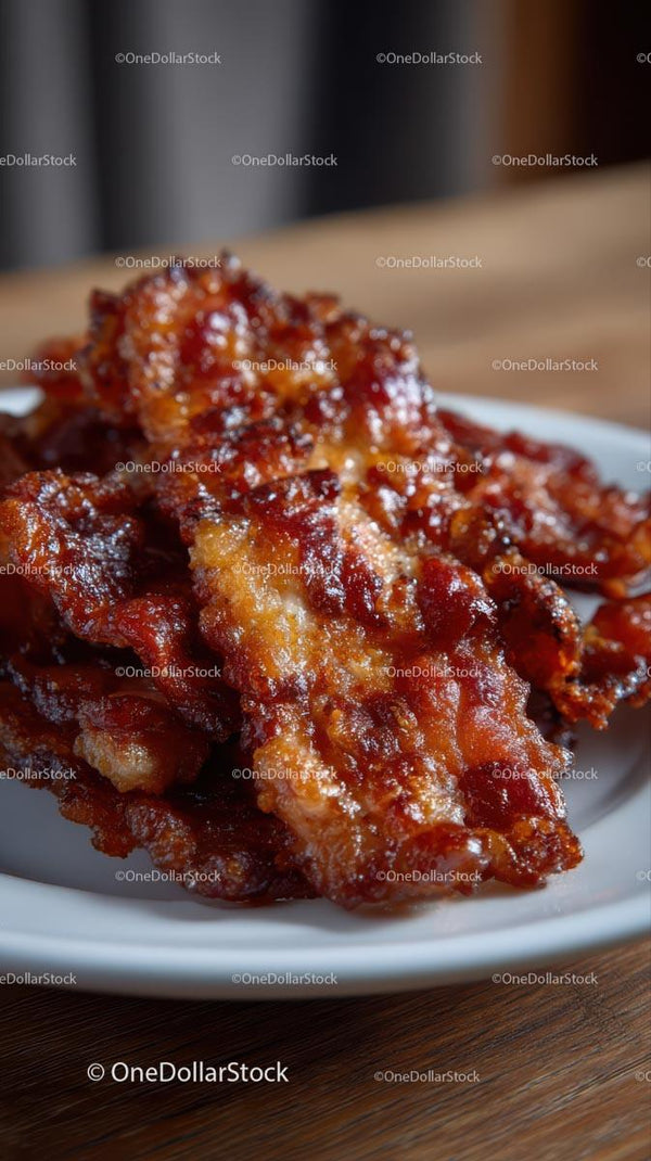 Crispy Golden Brown Bacon on White Plate