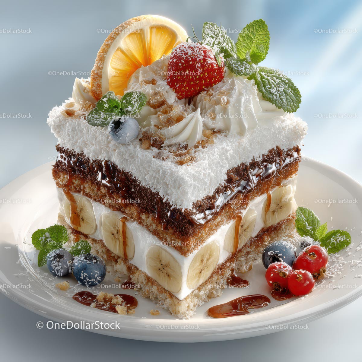 Indulgent Layered Cake with Fruits and Whipped Cream