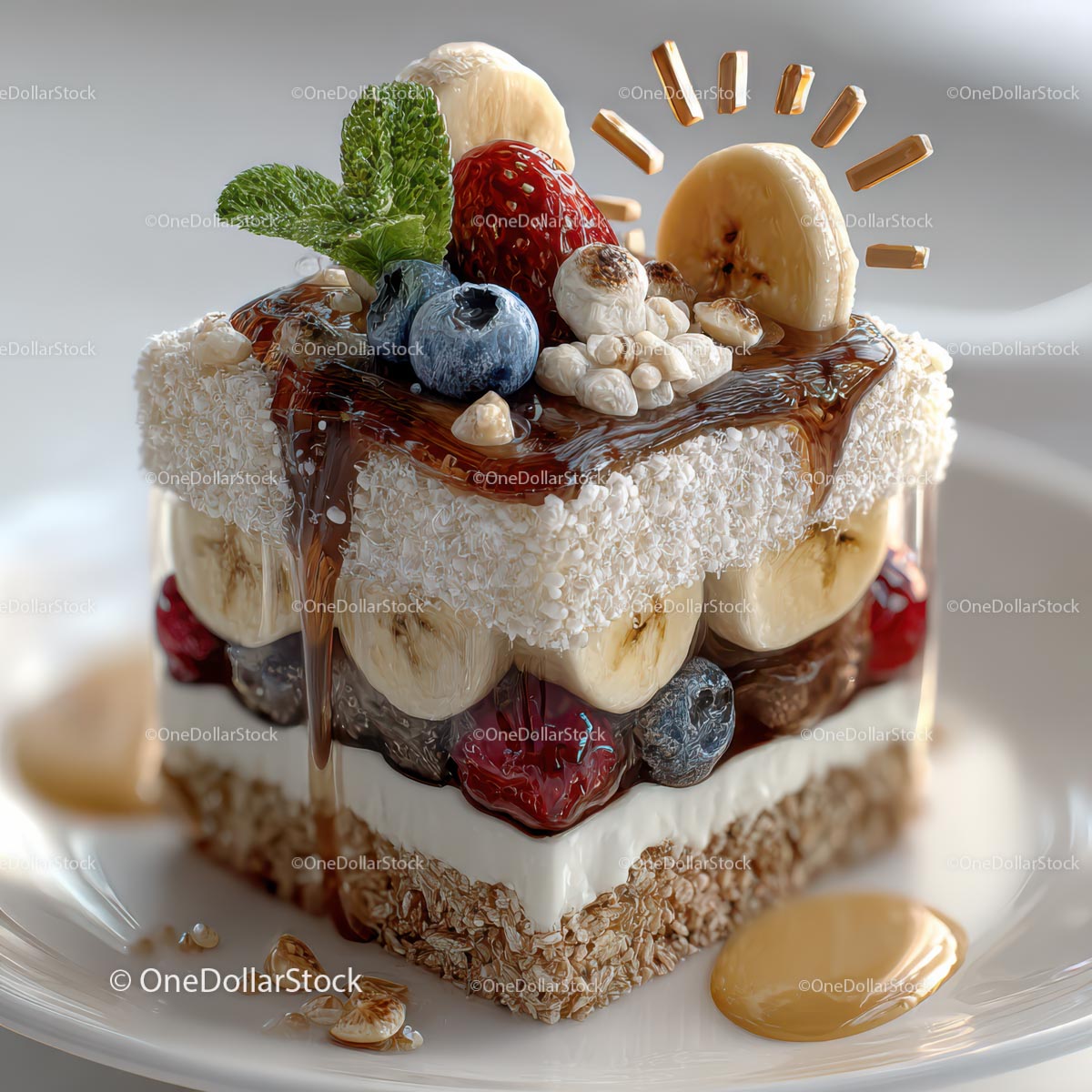 Gourmet Layered Dessert with Fresh Fruits and Honey