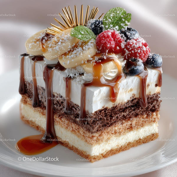Decadent Layered Cake with Berries and Caramel Drizzle