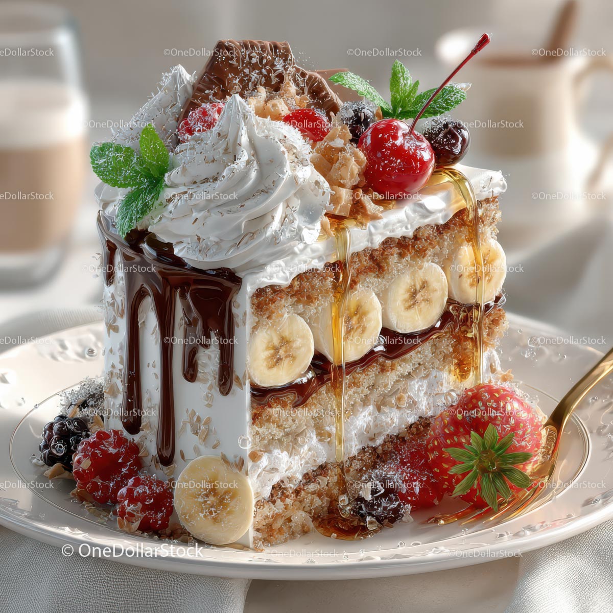 Decadent Banana Cake Slice with Chocolate and Berries