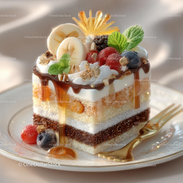 Layered Gourmet Cake with Fresh Fruits and Caramel
