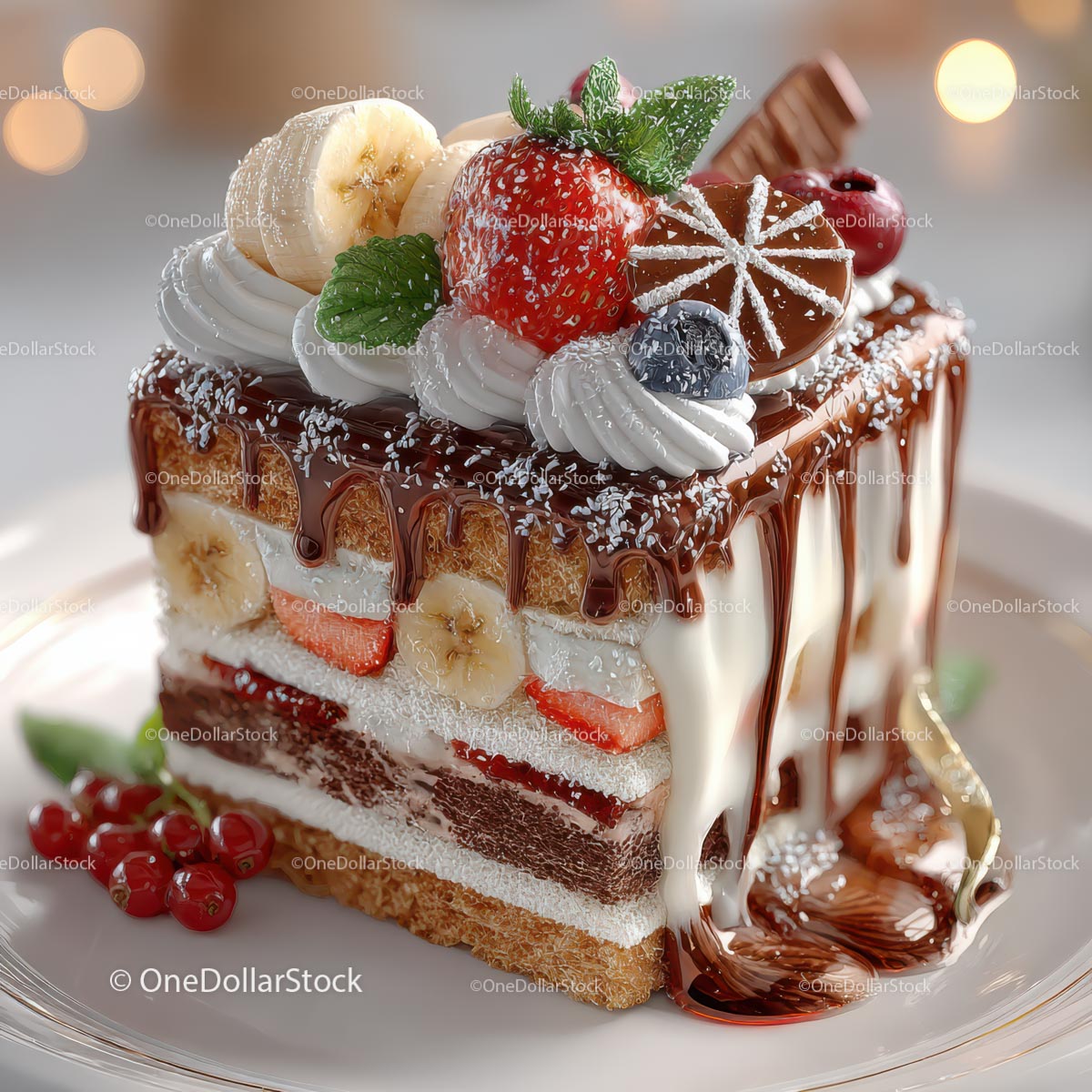 Decadent Chocolate Cake with Fresh Fruits and Cream