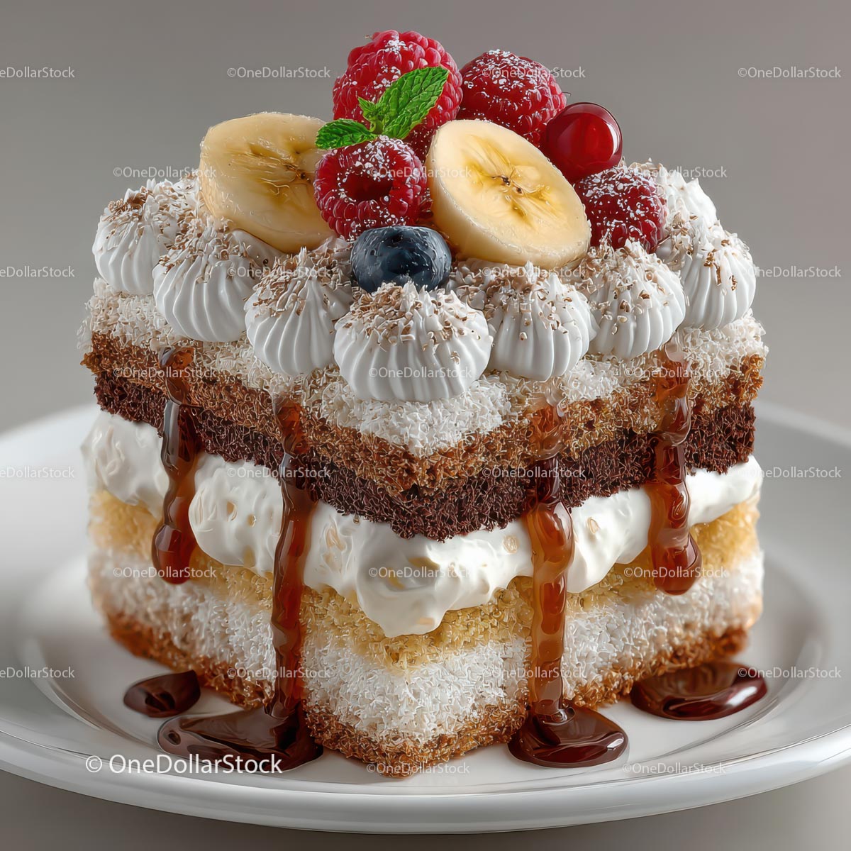 Indulgent Layered Cake with Fruits and Whipped Cream