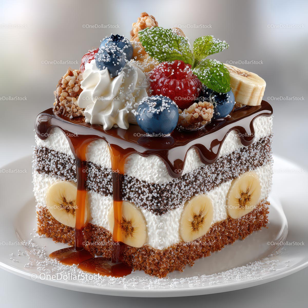 Decadent Chocolate Cake with Fresh Fruits and Whipped Cream