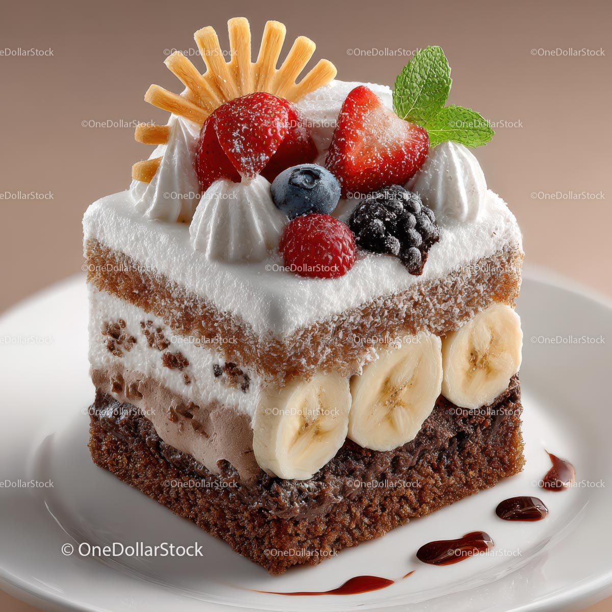 Indulgent Layered Cake with Fruits and Whipped Cream