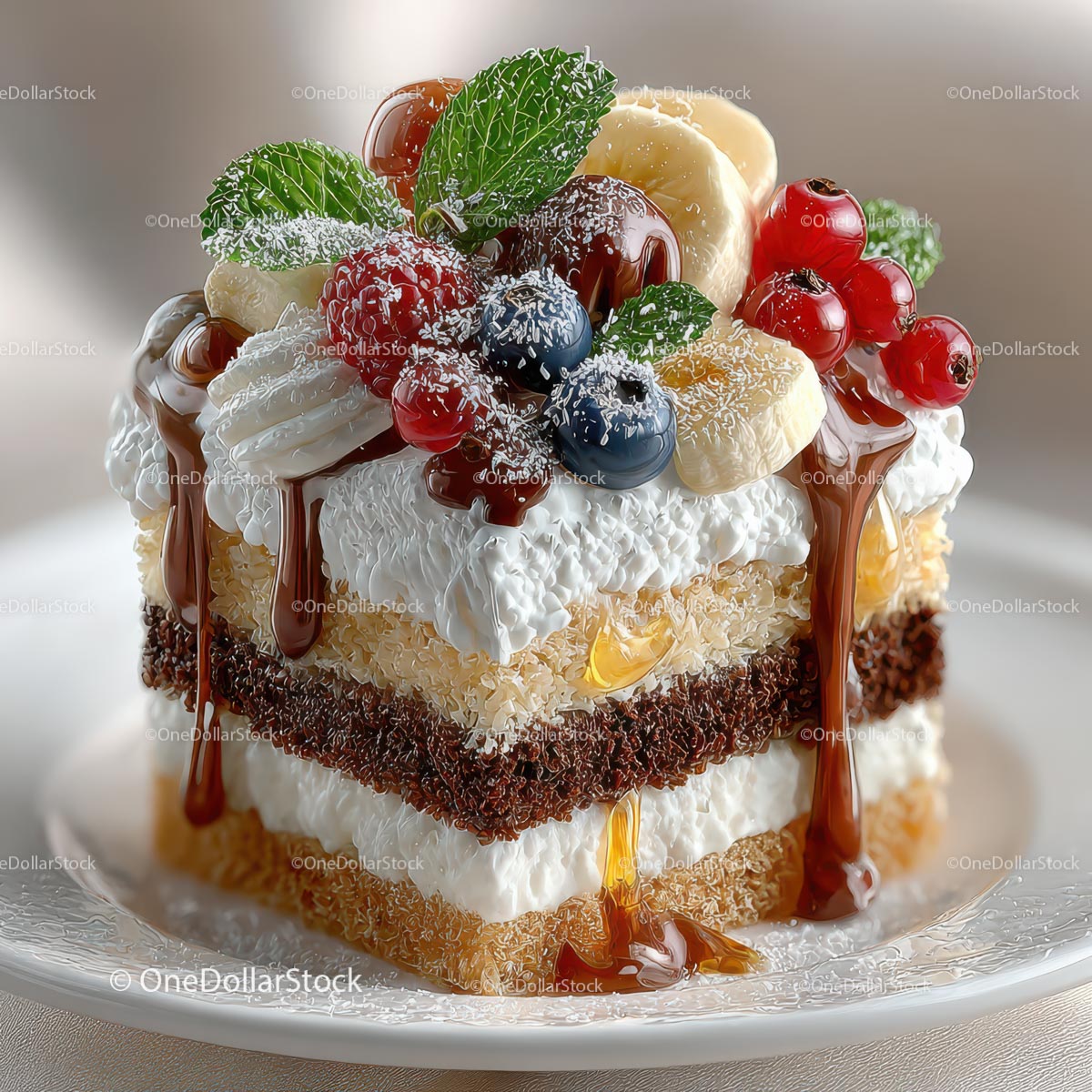 Indulgent Layered Cake with Fruits and Whipped Cream