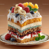 Colorful Layered Cake with Fresh Fruit Garnish
