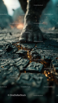 Giant Foot Stepping on Cracked Embers