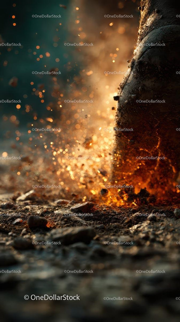 Fiery Explosion with Flying Sparks and Dust Debris