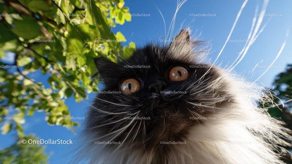 Curious Persian Cat Under Sunny Blue Sky in Garden