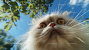 Fluffy Persian Cat Against Blue Sky and Greenery