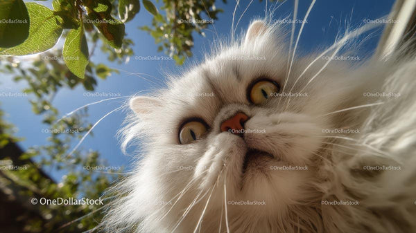 Fluffy Cat Under Green Leaves on a Clear Sunny Day