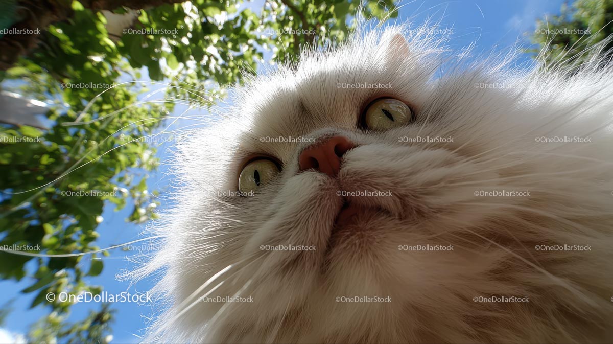 Fluffy White Cat with Green Eyes Under a Blue Sky