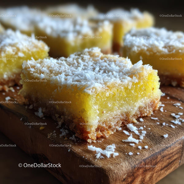 Lemon Bars with Coconut Topping on Wooden Board