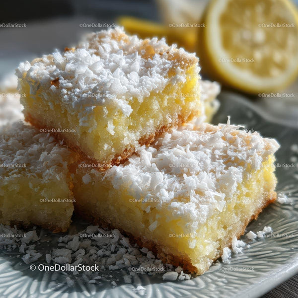 Lemon Bars with Coconut Topping on Rustic Plate