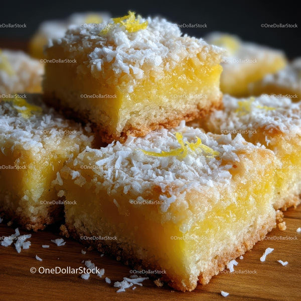 Lemon Bars with Coconut Topping on Wooden Surface