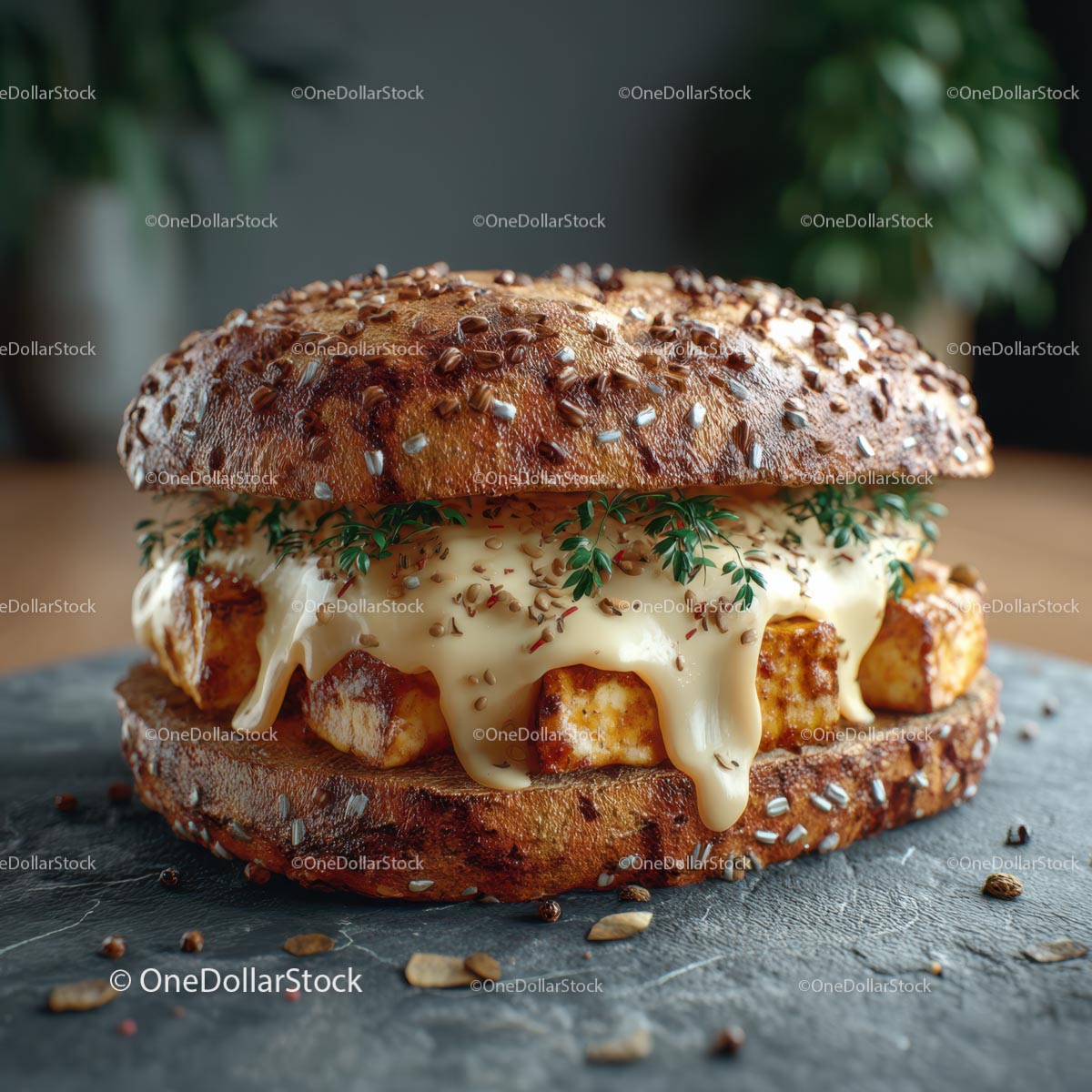 Gourmet Cheese Burger with Herbs and Seeded Bun