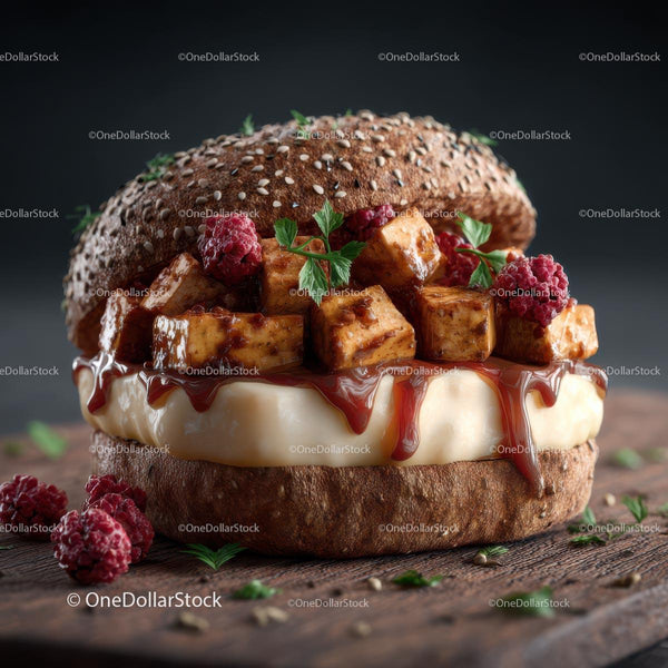 Gourmet Burger with Tofu and Raspberries on a Sesame Bun