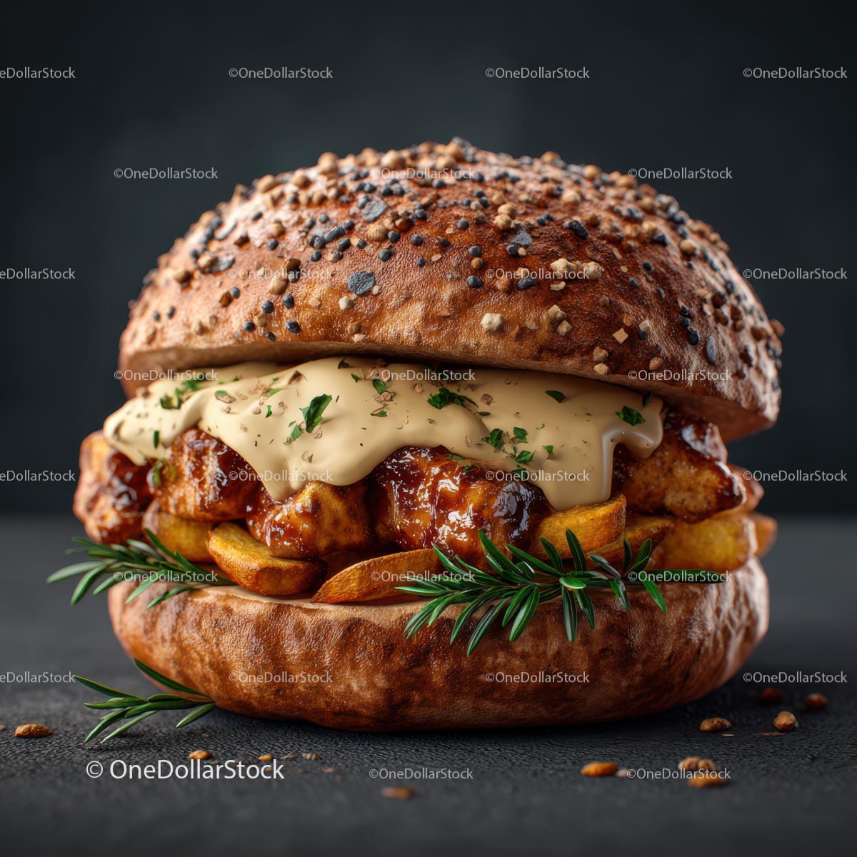 Gourmet Burger with Sesame Seed Bun and Rosemary Garnish