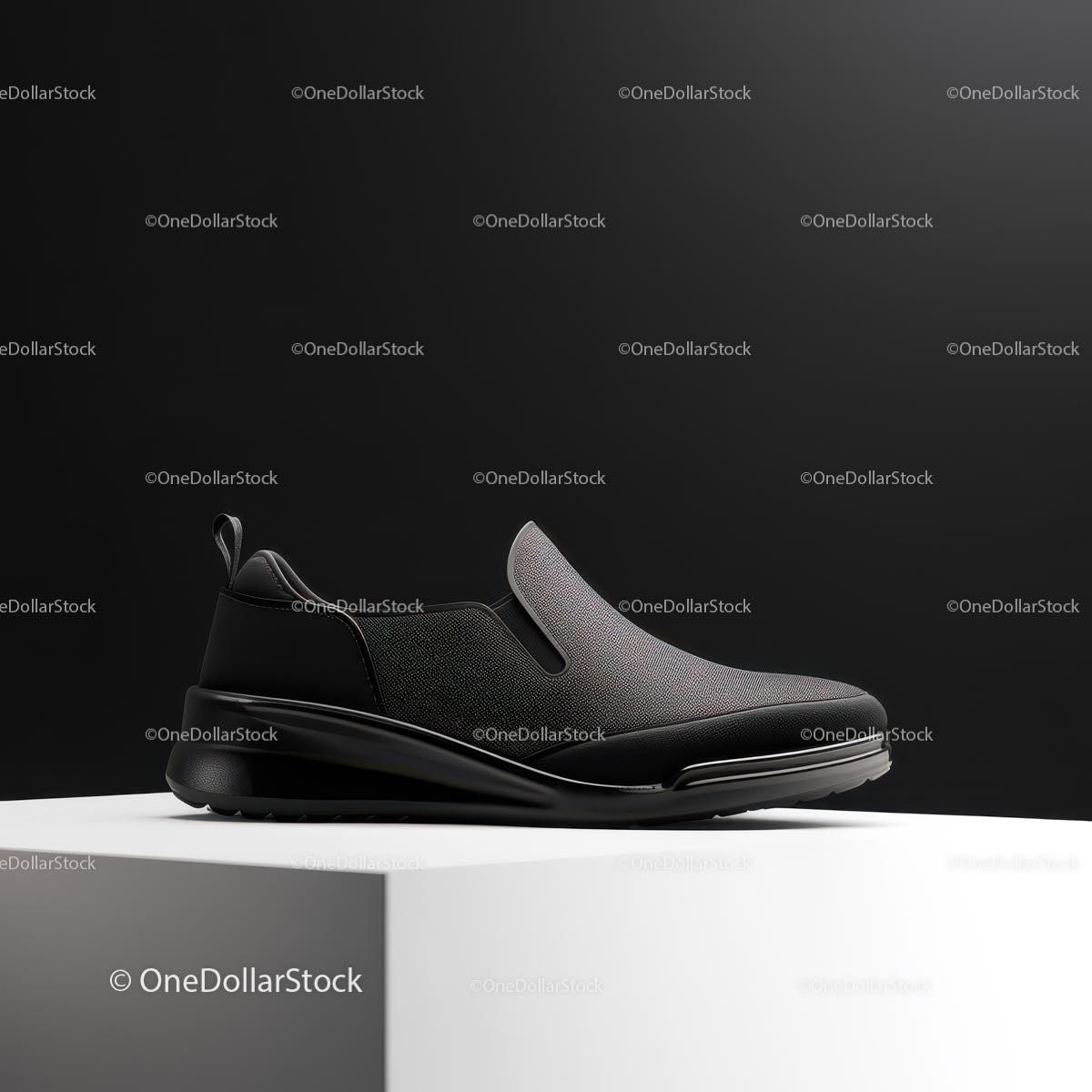 Luxury Black Slip-On Shoe on White Pedestal