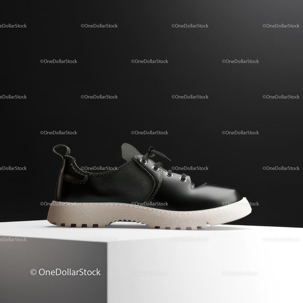 Minimalist Black Shoe on White Pedestal with Modern Design