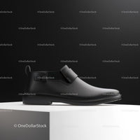 Black Leather Shoe on White Podium