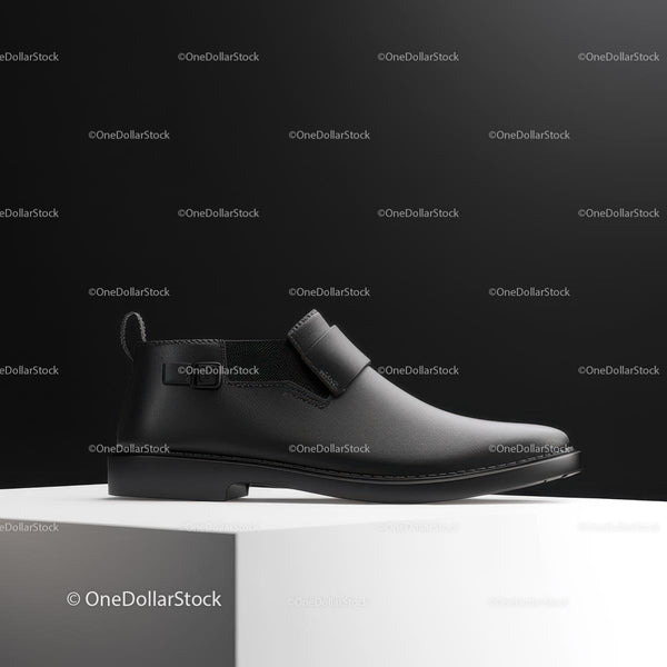 Black Leather Shoe on White Podium