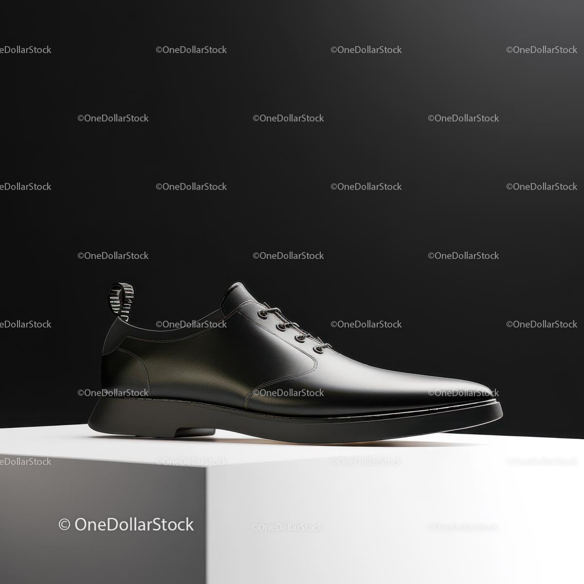 Sleek Black Leather Shoe on Modern Display Stand