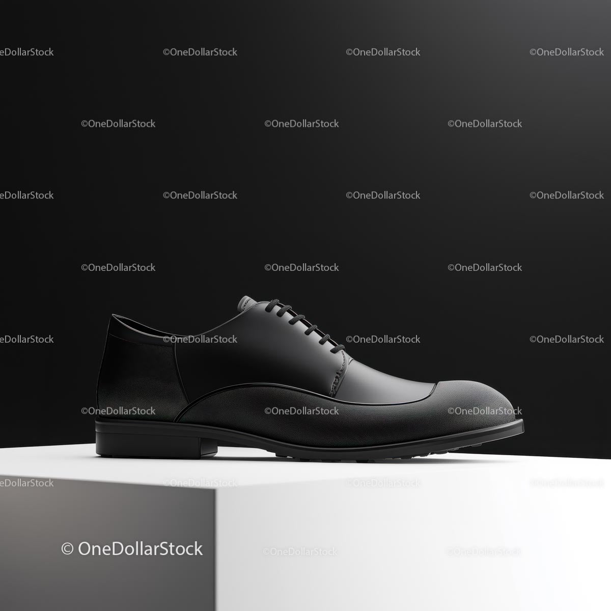 Elegant Black Leather Dress Shoe on White Pedestal