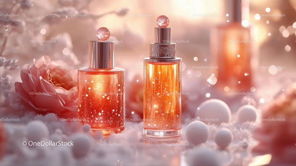 Luksusowe flakony perfum z różą w kolorze różowym i błyszczącymi detalami