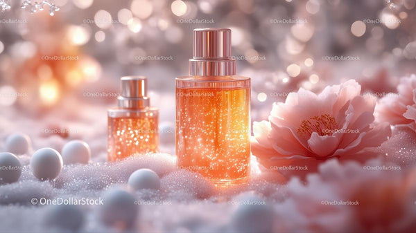 Luksusowe Butelki Perfum z Błyszczącymi Różowymi Piwoniami