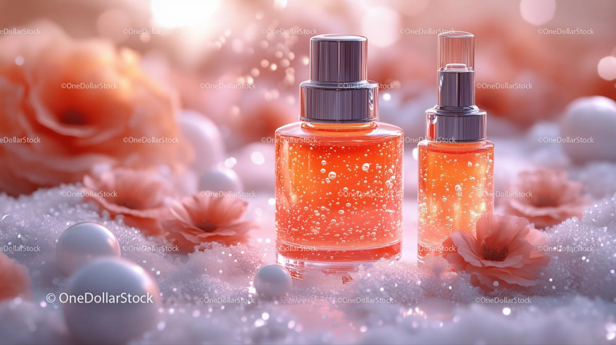 Elegant Perfume Bottles with Sparkling Bubbles and Flowers