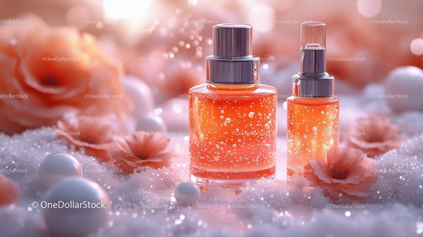 Eleganckie flakony perfum z migoczącymi bąbelkami i kwiatami