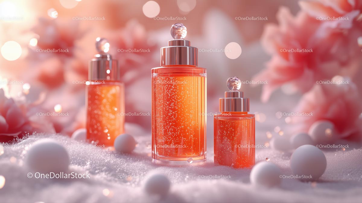 Elegant Perfume Bottles with Sparkling Liquid and Floral Scenery