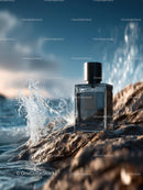 Luxury Fragrance Bottle on Rocky Ocean Shore