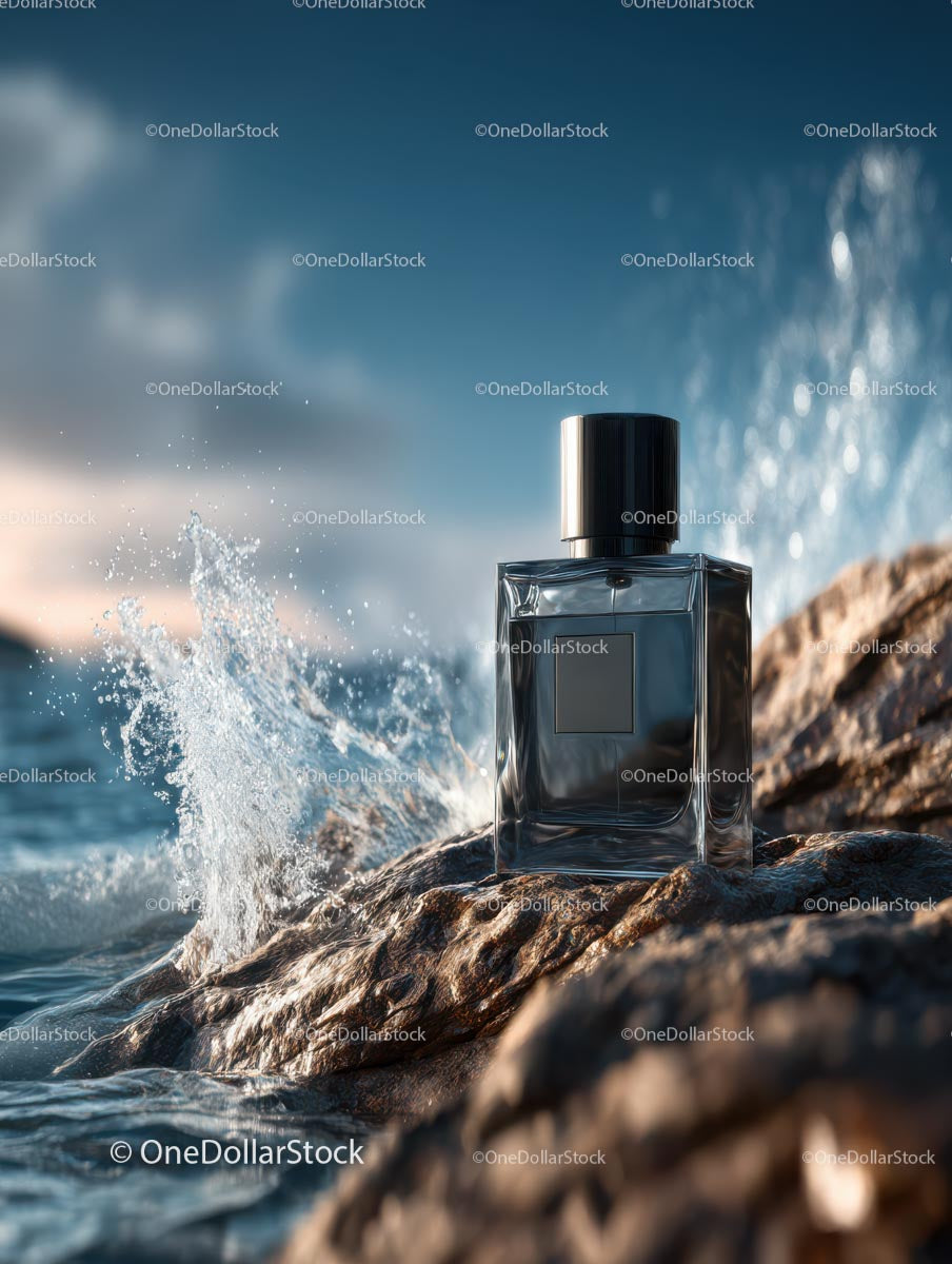 Luxury Fragrance Bottle on Rocky Ocean Shore