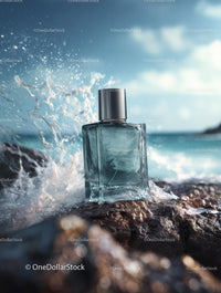 Perfume Bottle Surrounded by Ocean Waves on a Rocky Shore