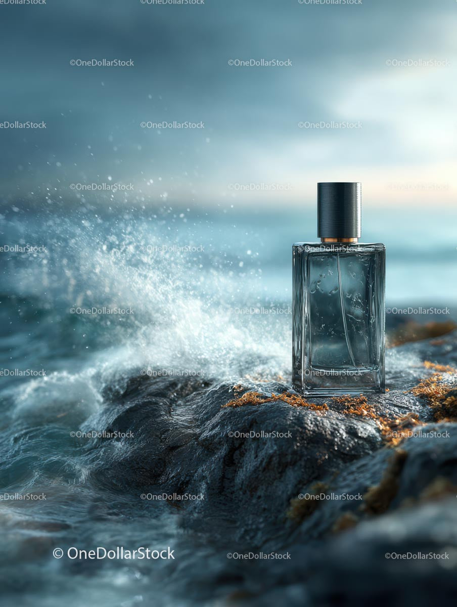 Elegant Perfume Bottle on a Rocky Coastal Setting