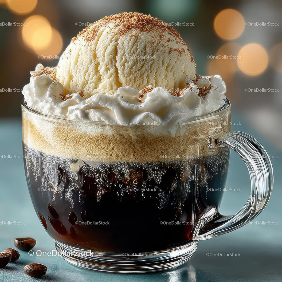 Coffee with Ice Cream and Whipped Cream in a Glass Mug