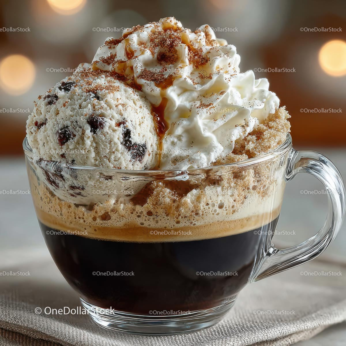Affogato with Whipped Cream in Glass Cup