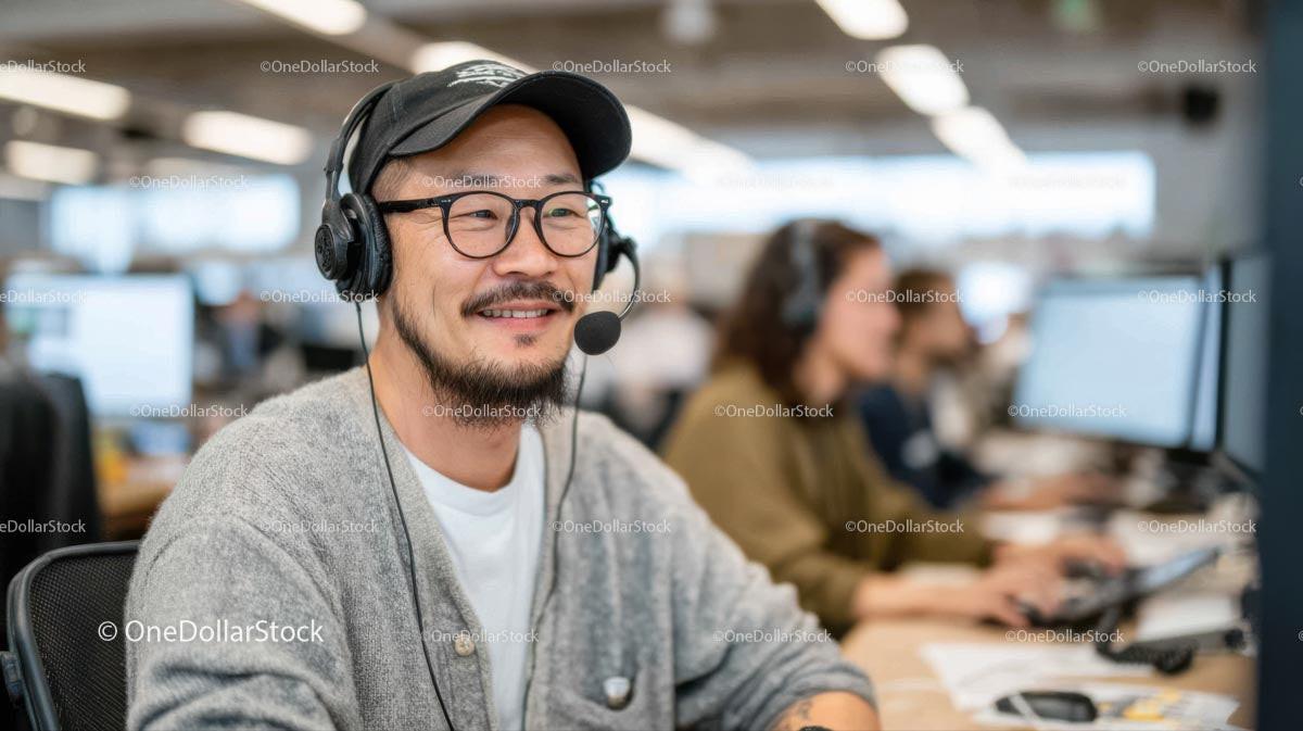 Smiling Call Center Agent Wearing Headset in Modern Office