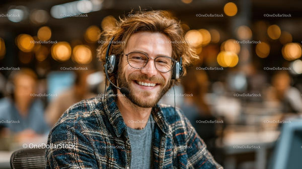 Smiling Man in Headset at Modern Office