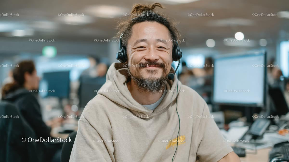 Smiling Call Center Professional in Modern Office