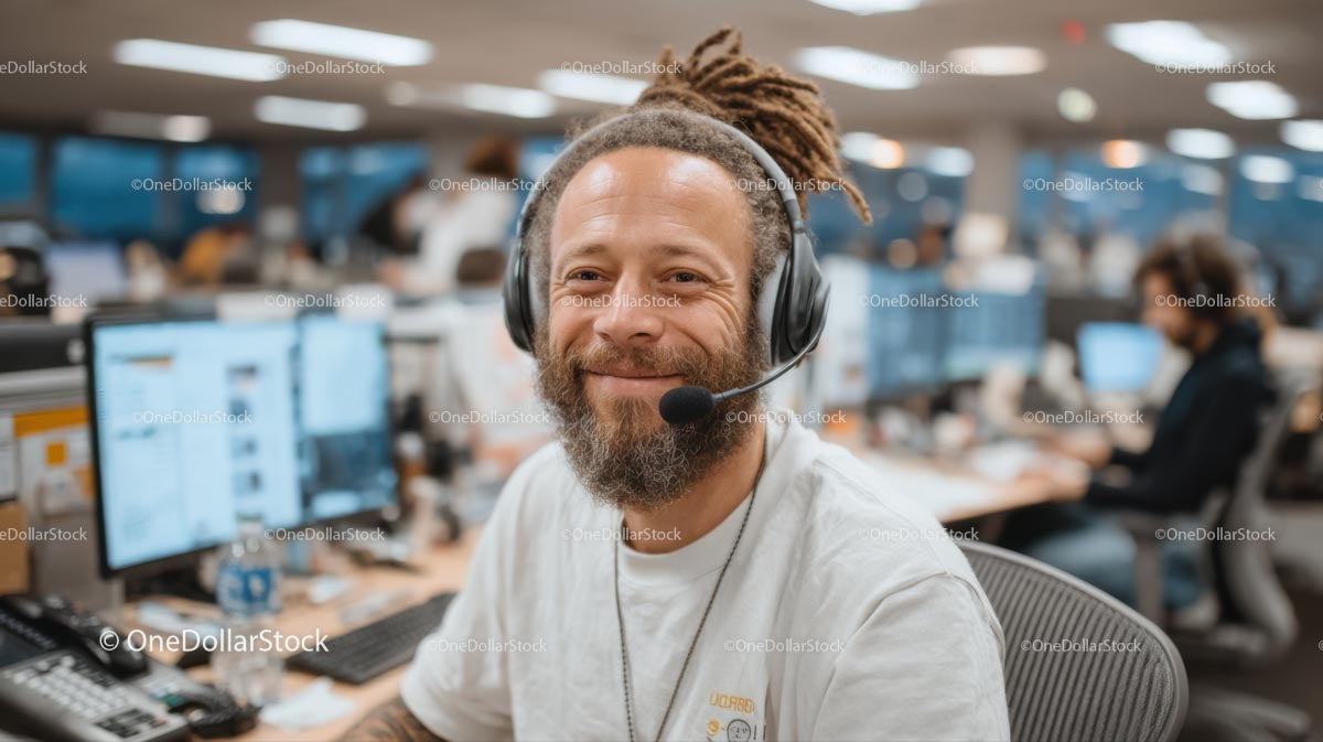 Smiling Man with Headset in a Busy Call Center