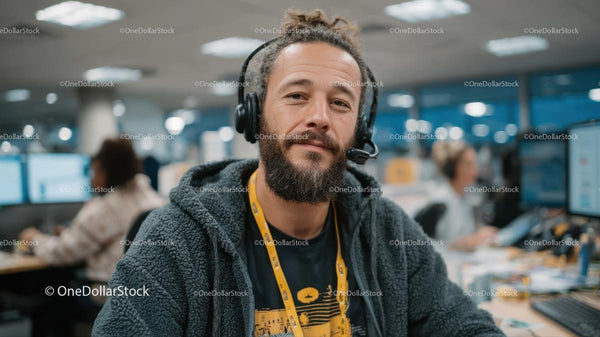 Smiling Male Employee in Modern Call Center Office