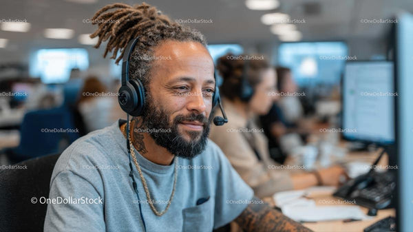 Smiling Call Center Agent with Headphones in Busy Office