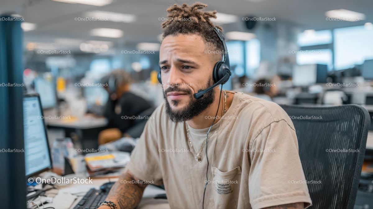 Focused Young Man Working at a Call Center