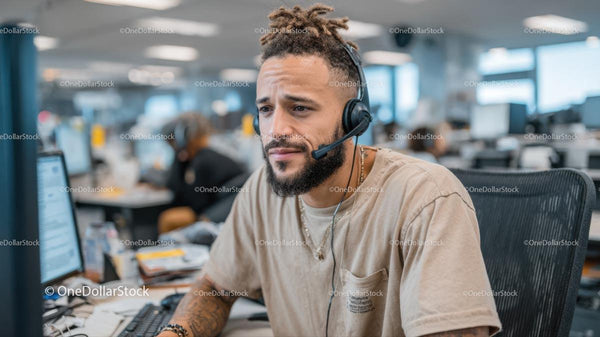 Focused Young Man Working at a Call Center